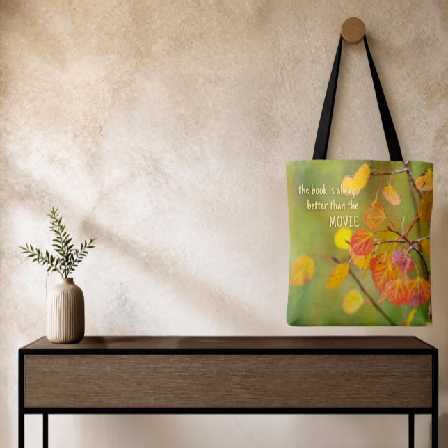 Colourful Fall Aspen Leaves Replaceable Photo Tote Bag (Replaceable photo and template text on double sided shoulder style tote bag design on wall hook.)