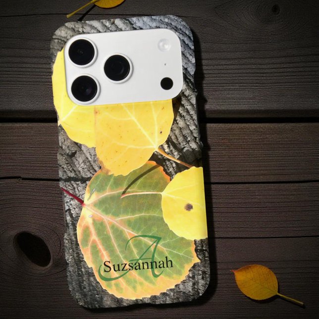 Colourful Fall Aspen Tree Leaves on Log Photo (iPhone back with fall leaf photo background with initial monogram and name text)