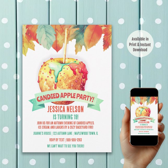 Colourful Fall Autumn Candied Apple Birthday Party Invitation (Available in Print and Instant Download)