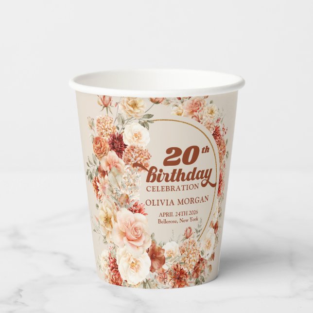 Colourful fall floral sage rusty 20th birthday  paper cups (Back)