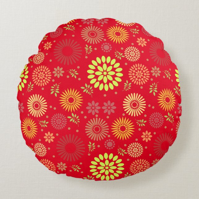 Colourful Fall Flowers in Warm Shades Round Cushion (Front)