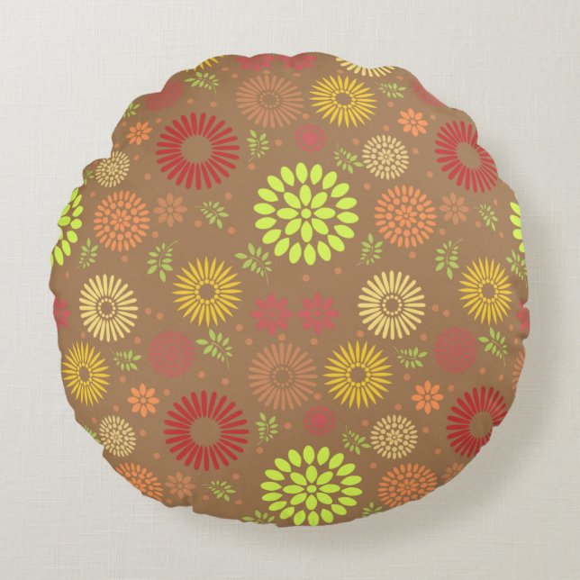 Colourful Fall Flowers in Warm Shades Round Cushion (Front)