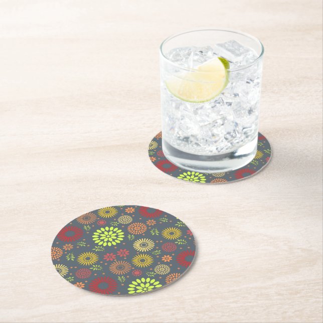 Colourful Fall Flowers in Warm Shades Round Paper Coaster (Insitu)