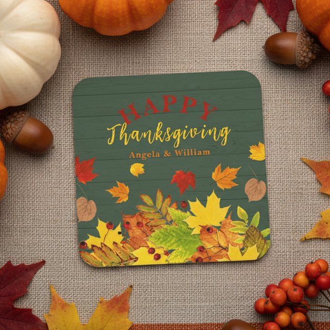Colourful Fall Foliage Red Berries Thanksgiving Square Paper Coaster (Creator Uploaded)