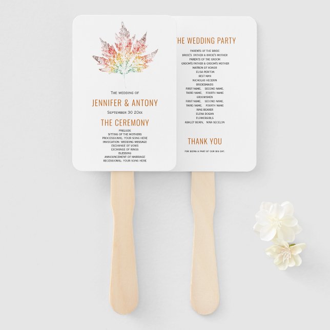 Colourful fall leaf print orange wedding program hand fan (Front and Back)