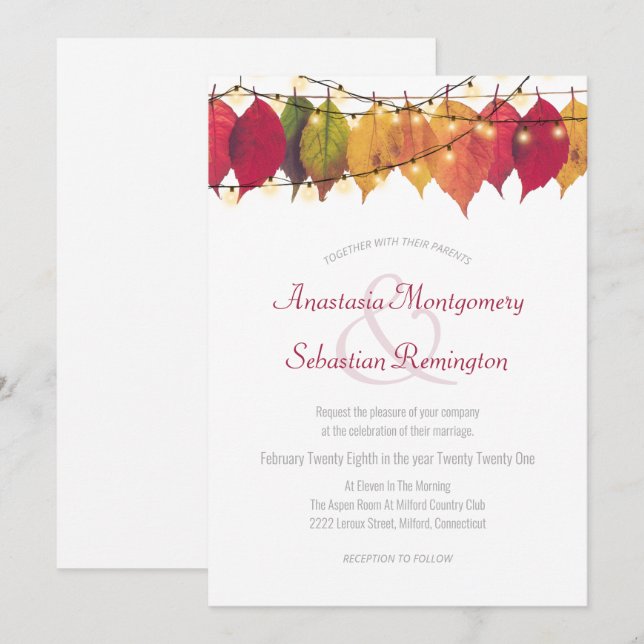 Colourful Fall Leaf String Lights Wedding Ceremony Invitation (Front/Back)