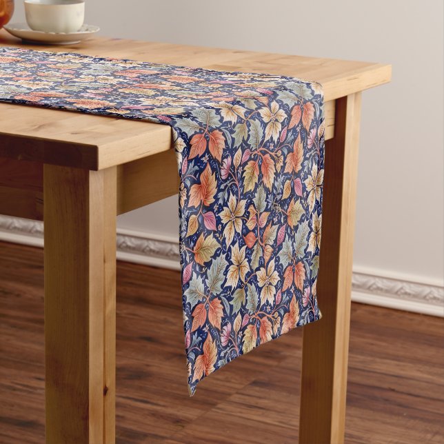 Colourful Fall Leaves on Blue Short Table Runner (In Situ)