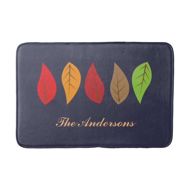 Colourful Fall Leaves on Dark Blue, Personalised Bath Mat (Front)