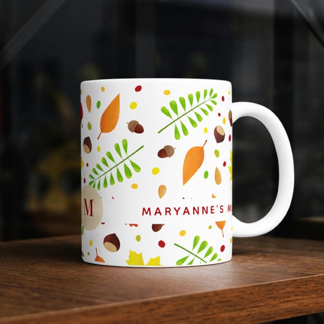 Colourful fall leaves pattern with custom name coffee mug (Colorful fall leaves personalized mug with custom name and monogram)