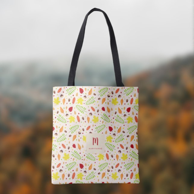 Colourful fall leaves pattern with custom name tote bag (Custom colorful fall season tote bag with autumn leaves, personalize it with name and monogram.)