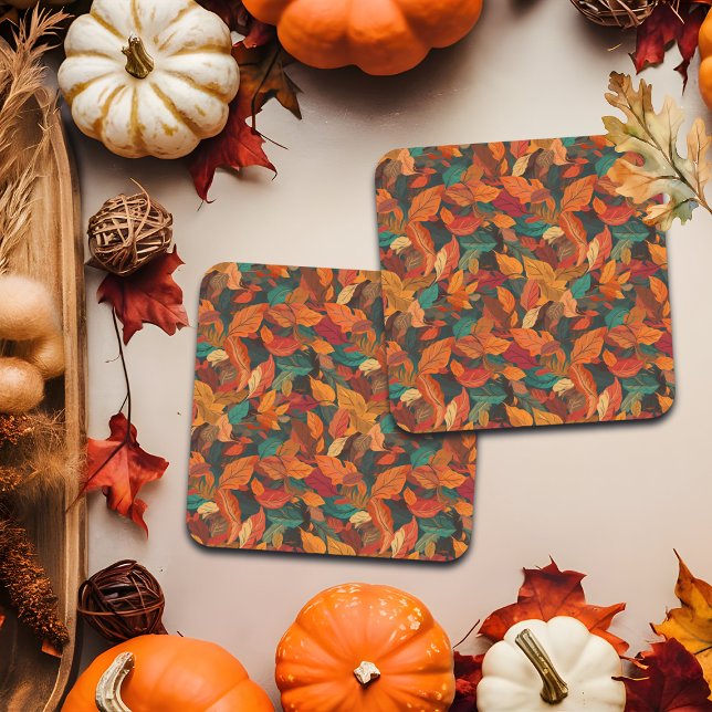 Colourful Fall Leaves Square Paper Coaster (Creator Uploaded)