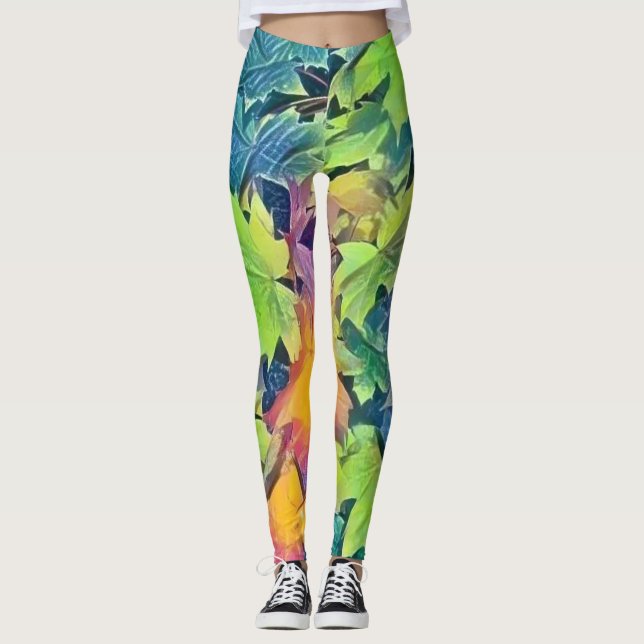 Colourful Fall leaves with fall colours watercolor Leggings (Front)