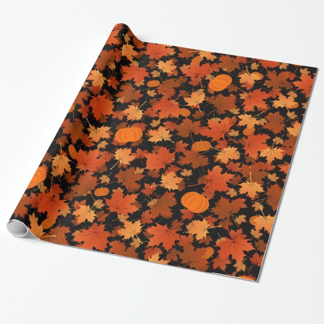 Colourful fall maple leaves and pumpkins pattern wrapping paper (Unrolled)
