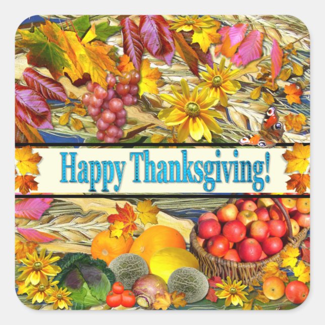 Colourful Fall Produce Happy Thanksgiving Square Sticker (Front)
