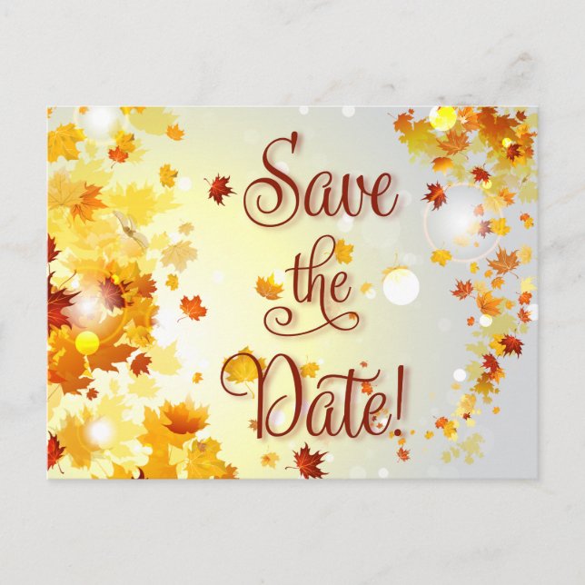 Colourful Fall Save The Dates With Autumn Leaves Announcement Postcard (Front)
