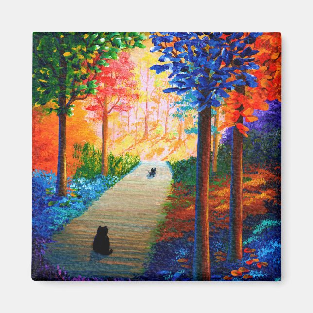 Colourful Fall Trees Landscape Black Cats Magnet (Front)