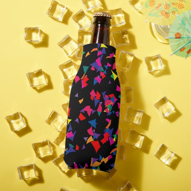Colourful Falling Confetti Rainbow Pattern on Blac Bottle Cooler (In Situ Summer)