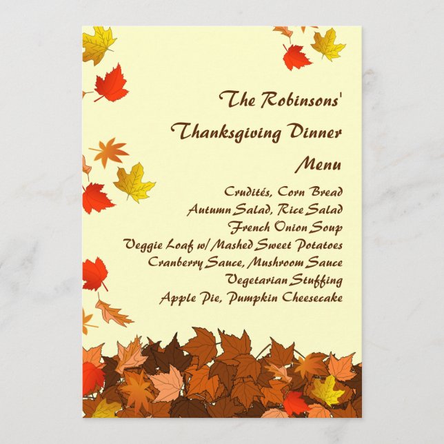 Colourful Falling Leaves Thanksgiving Dinner Menu (Front)
