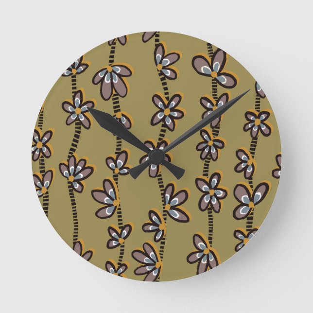 Colourful Falling Petal Flower Florals Olive Green Round Clock (Front)