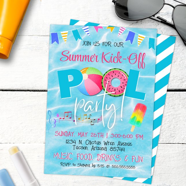 Colourful Family Friendly Summer Pool Party Invitation (Summer Pool Party Invitation with Modern script and colorful popsicles for tropical invites)