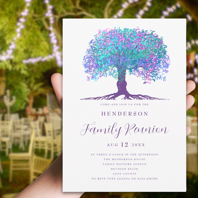 Colourful Family Tree Family Reunion  Invitation (Colorful watercolor tree purple script family reunion party invitation with rainbow leaves and roots)