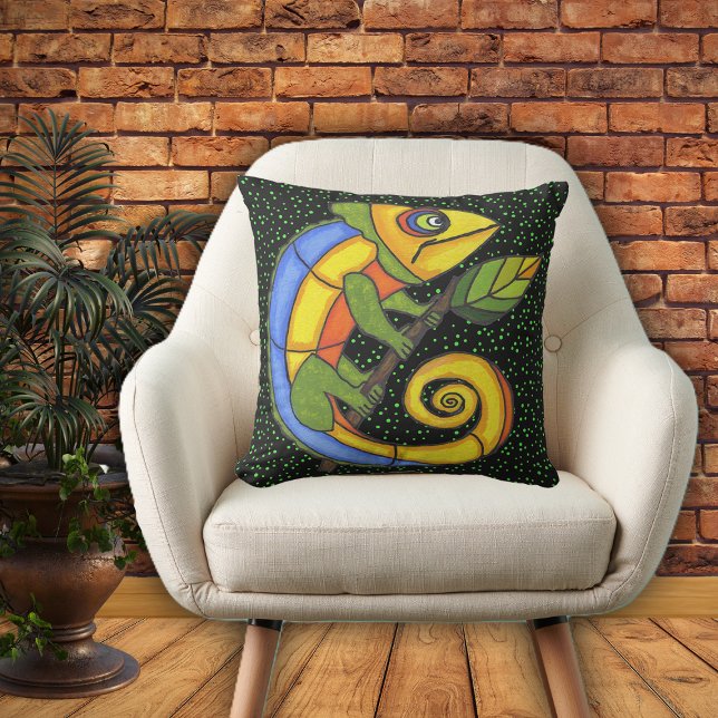 Colourful Fantasty Pop Art Lizard on Green Dots Outdoor Cushion (Colourful  fantasy lizard on twig with leave green polka dots on black home decor pillow.)