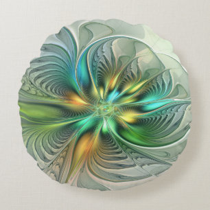Colourful Fantasy Abstract Flower Fractal Art Round Cushion