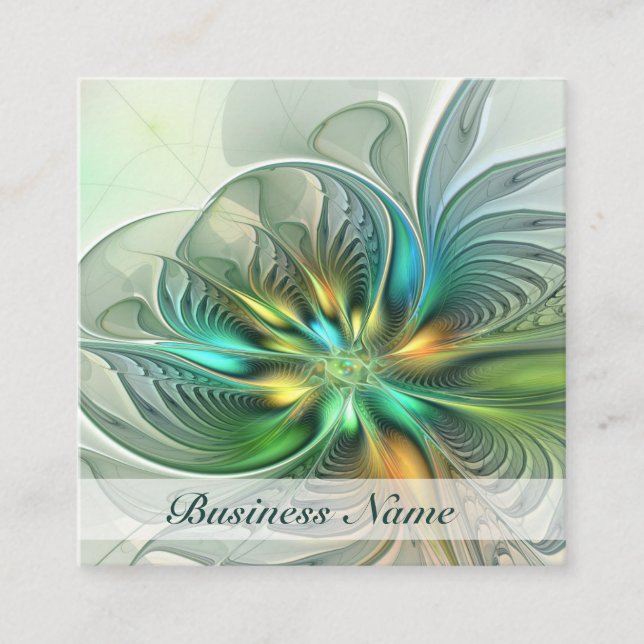Colourful Fantasy Abstract Flower Fractal Art Square Business Card (Front)
