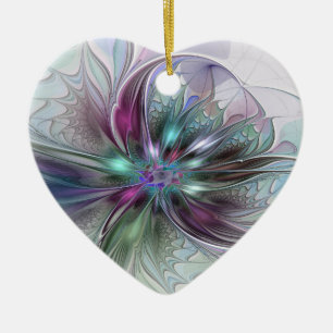 Colourful Fantasy Abstract Fractal Flower Heart Ceramic Ornament