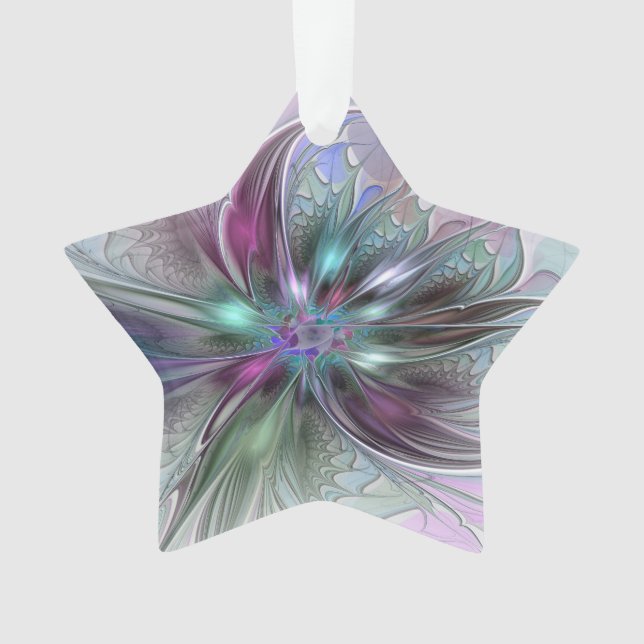 Colourful Fantasy Abstract Fractal Flower Star Ornament (Front)