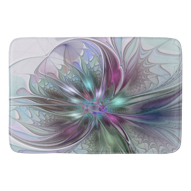 Colourful Fantasy Abstract Modern Fractal Flower Bath Mat (Front)
