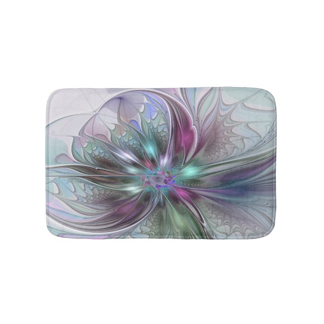Colourful Fantasy Abstract Modern Fractal Flower Bath Mat (Front)