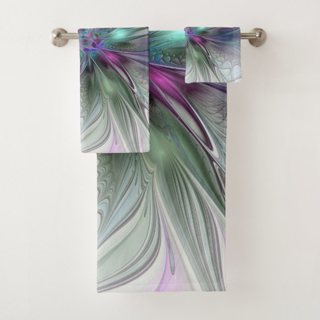 Colourful Fantasy Abstract Modern Fractal Flower Bath Towel Set (Insitu)