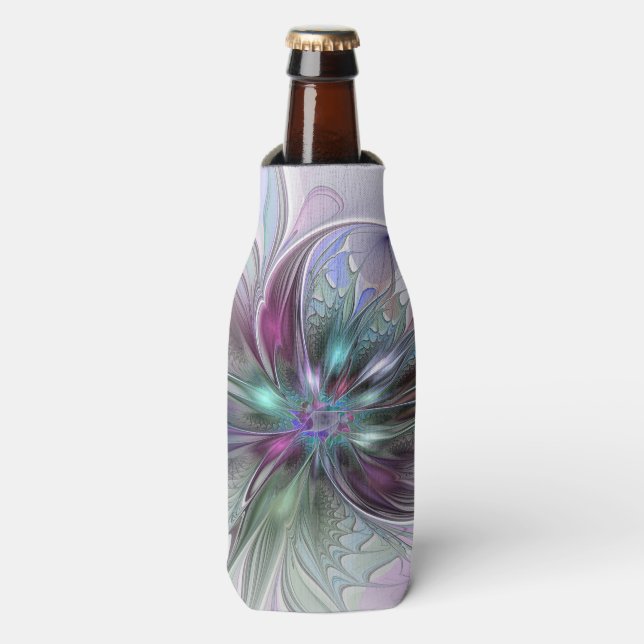 Colourful Fantasy Abstract Modern Fractal Flower Bottle Cooler (Bottle Front)