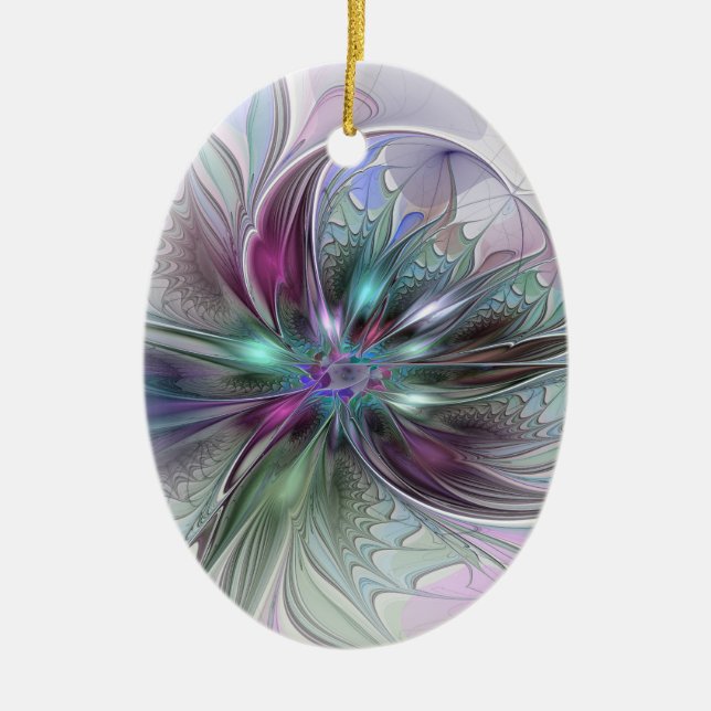 Colourful Fantasy Abstract Modern Fractal Flower Ceramic Ornament (Front)