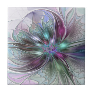 Colourful Fantasy Abstract Modern Fractal Flower Ceramic Tile