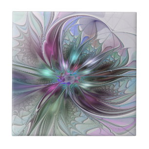 Colourful Fantasy Abstract Modern Fractal Flower Ceramic Tile