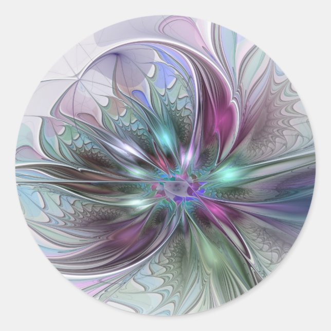 Colourful Fantasy Abstract Modern Fractal Flower Classic Round Sticker (Front)