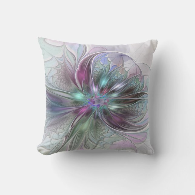 Colourful Fantasy Abstract Modern Fractal Flower Cushion (Front)