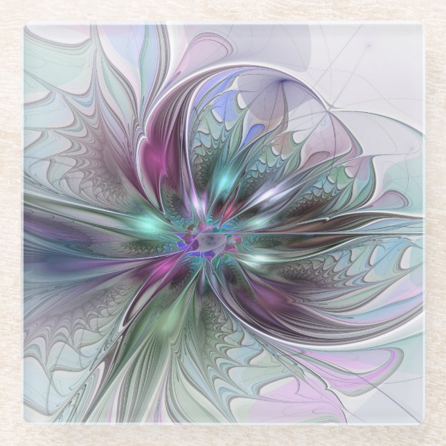 Colourful Fantasy Abstract Modern Fractal Flower Glass Coaster (Front)