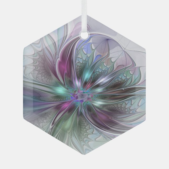 Colourful Fantasy Abstract Modern Fractal Flower Glass Tree Decoration (Front)