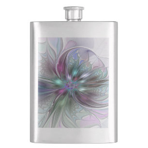 Colourful Fantasy Abstract Modern Fractal Flower Hip Flask