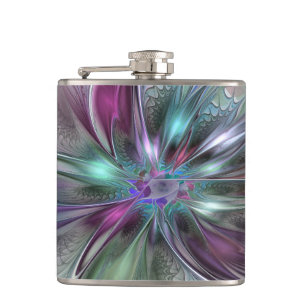 Colourful Fantasy Abstract Modern Fractal Flower Hip Flask