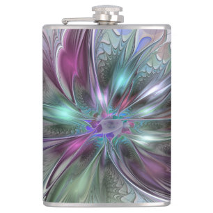 Colourful Fantasy Abstract Modern Fractal Flower Hip Flask