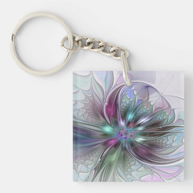 Colourful Fantasy Abstract Modern Fractal Flower Key Ring (Front)