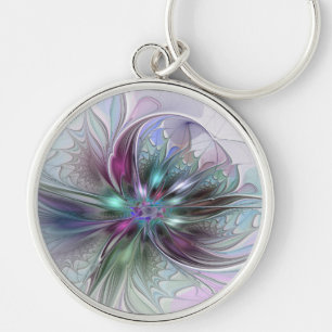 Colourful Fantasy Abstract Modern Fractal Flower Key Ring