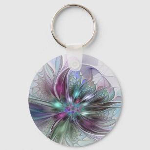 Colourful Fantasy Abstract Modern Fractal Flower Key Ring