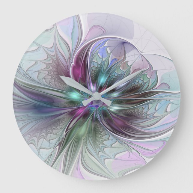 Colourful Fantasy Abstract Modern Fractal Flower Large Clock (Front)