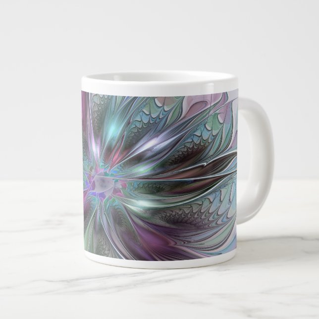 Colourful Fantasy Abstract Modern Fractal Flower Large Coffee Mug (Front Right)