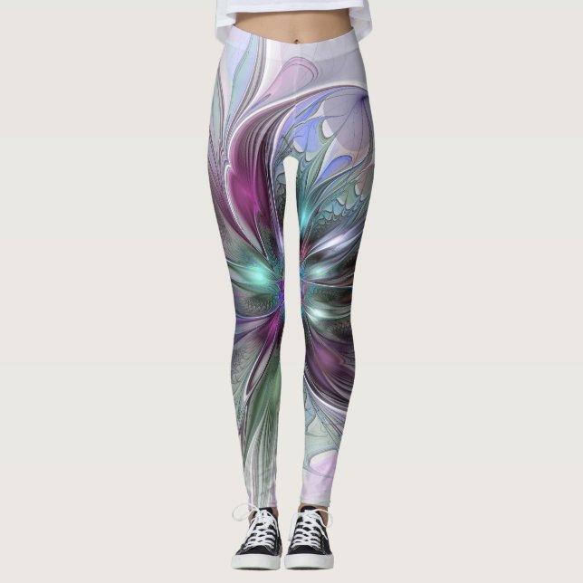 Colourful Fantasy Abstract Modern Fractal Flower Leggings (Front)
